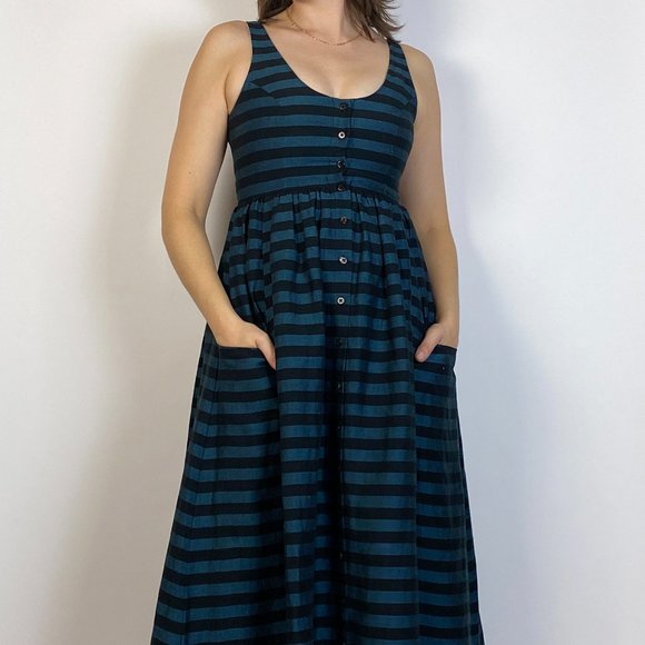 MARA HOFFMAN Designer Blue & Black Striped Scoop Neck Full Skirt Midi Dress! S - Picture 3 of 8